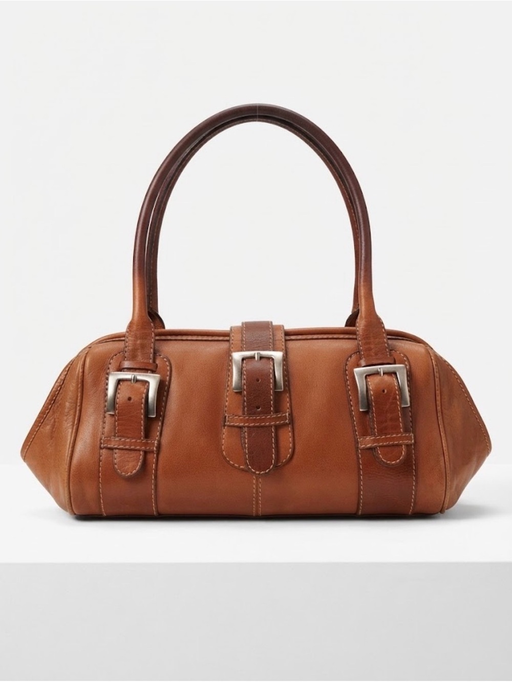 Vtg Los Cardales Brown Leather Buckle Detail Satchel Shoulder Bag